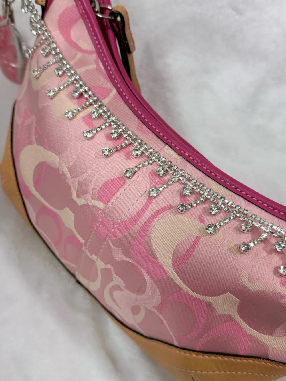 Pink Coach Rare Signature Print Shoulder Bag with Crystal Trim - Picture 6 of 8